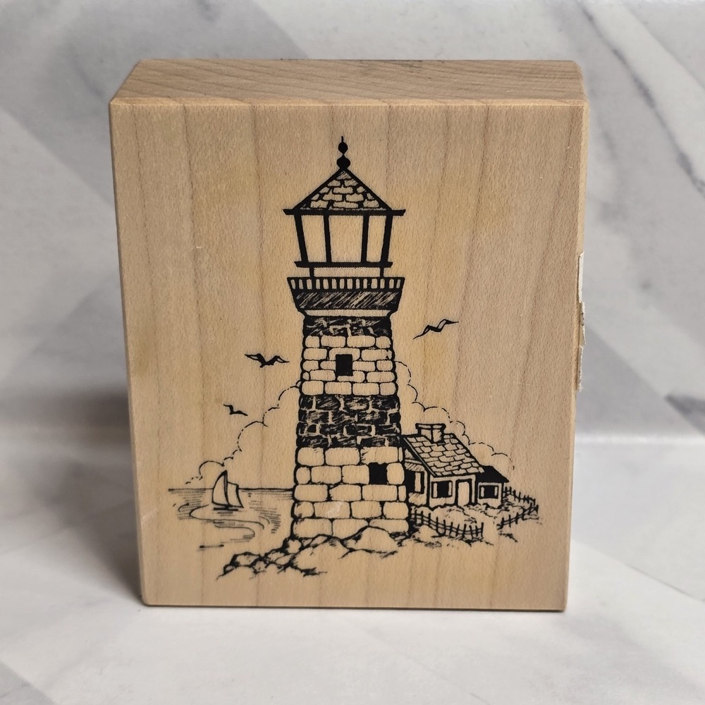 Vtg PSX Rubber Stamp F-1145 LIGHTHOUSE BEACH SAILBOAT SEAGULLS ROCKS #258